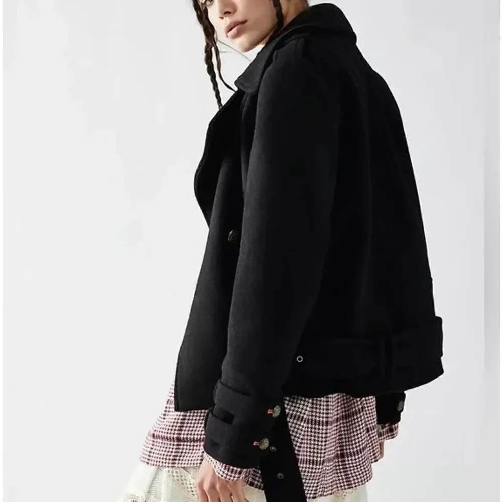 Free People Manteau Cecelia Peacoat Button Front Buckle Detail Black M $348 - Picture 3 of 16